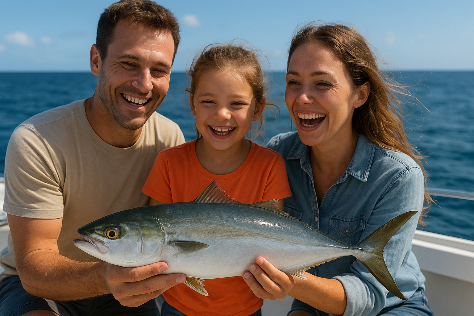 Family holding a fresh catch during a Myrtle Beach fishing charter