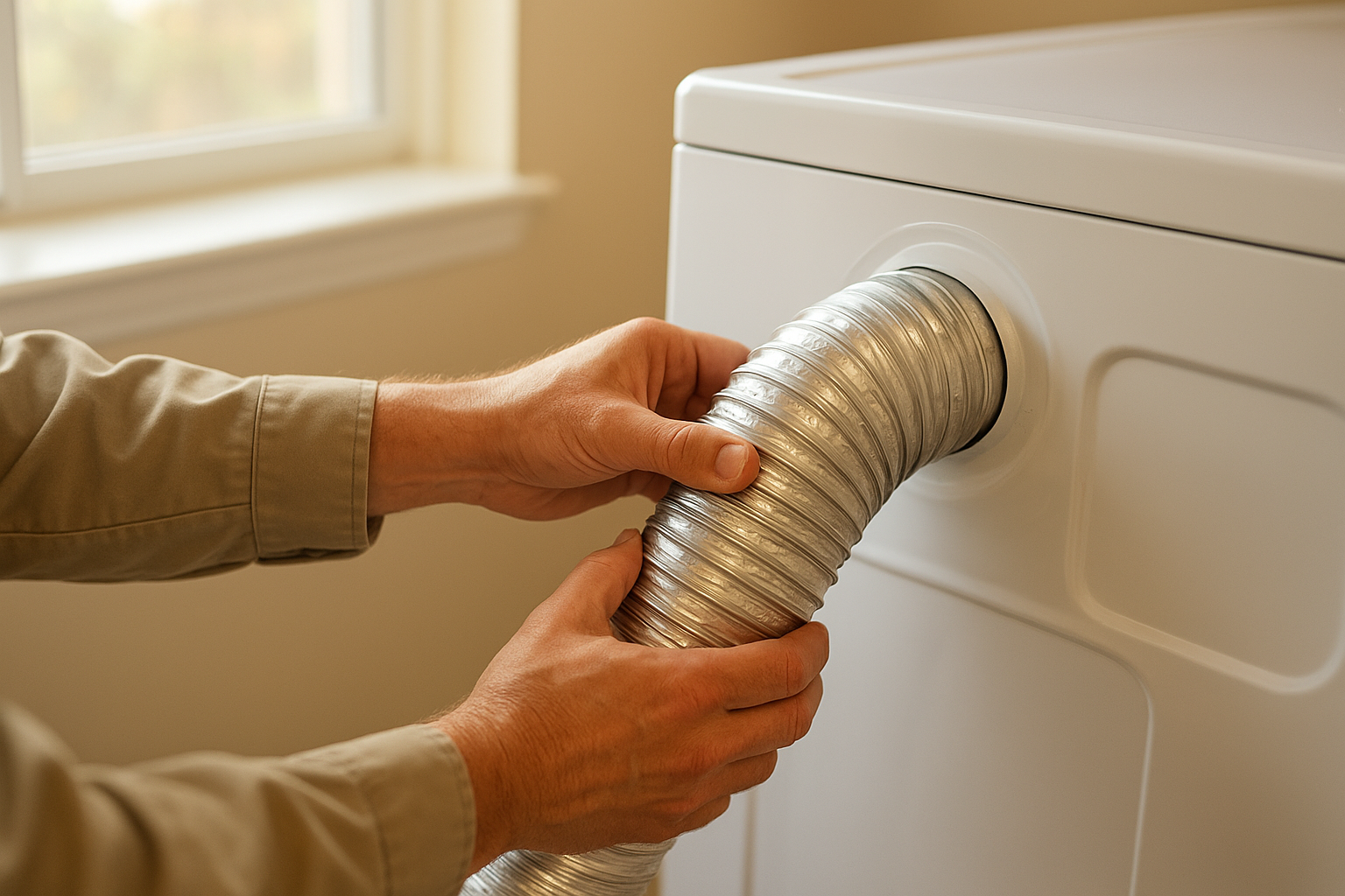 Close-up of dryer vent duct connection during appliance setup