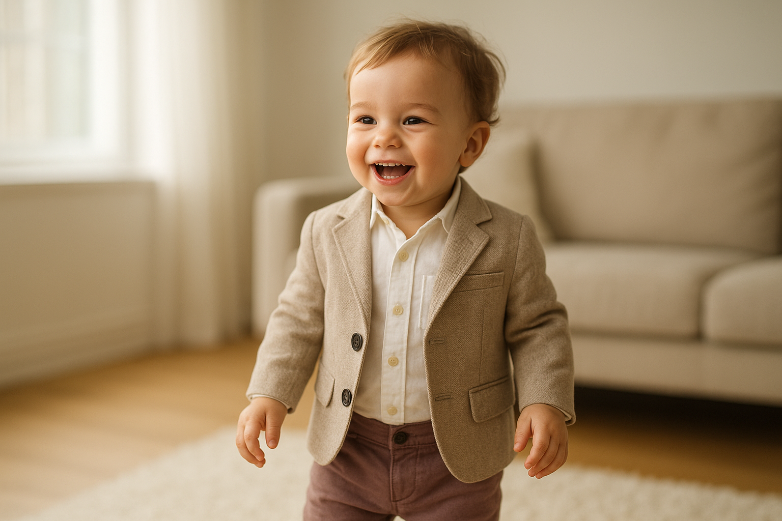Happy toddler dressed in stylish rented children's attire in a bright home setting