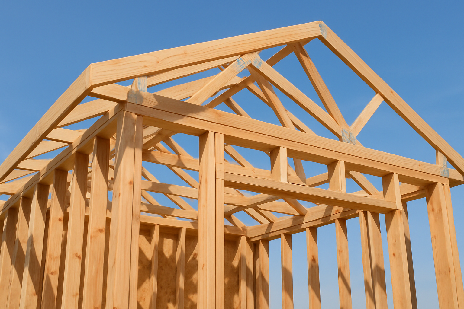 Wood framing and roof trusses during construction of a backyard granny flat