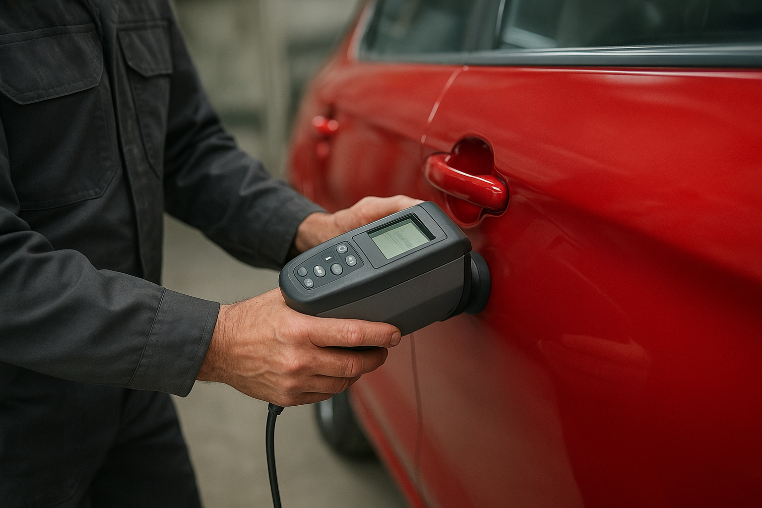 Auto body technician using computerized paint matching equipment during vehicle restoration service in Brea