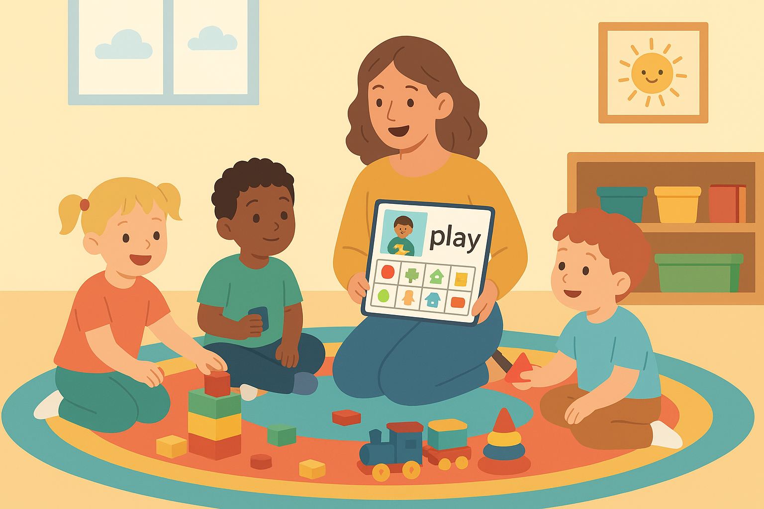Teacher modeling core words during child-led play with a small group of preschoolers