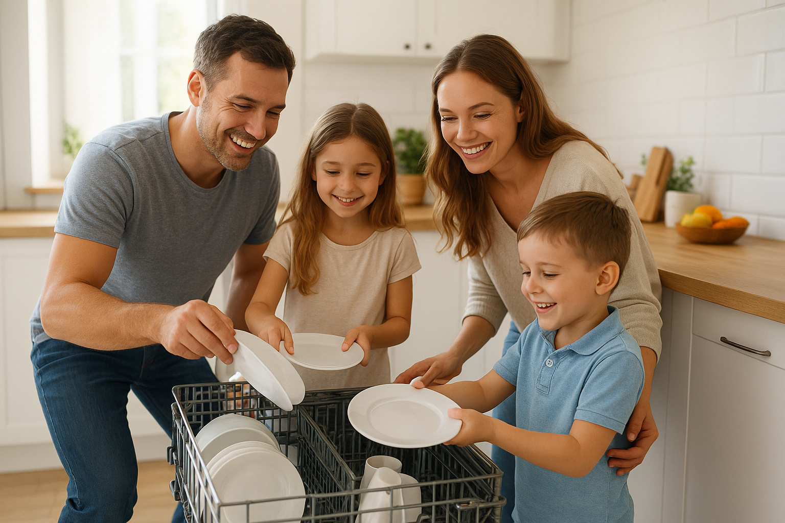 Family loading a working dishwasher after a successful repair visit