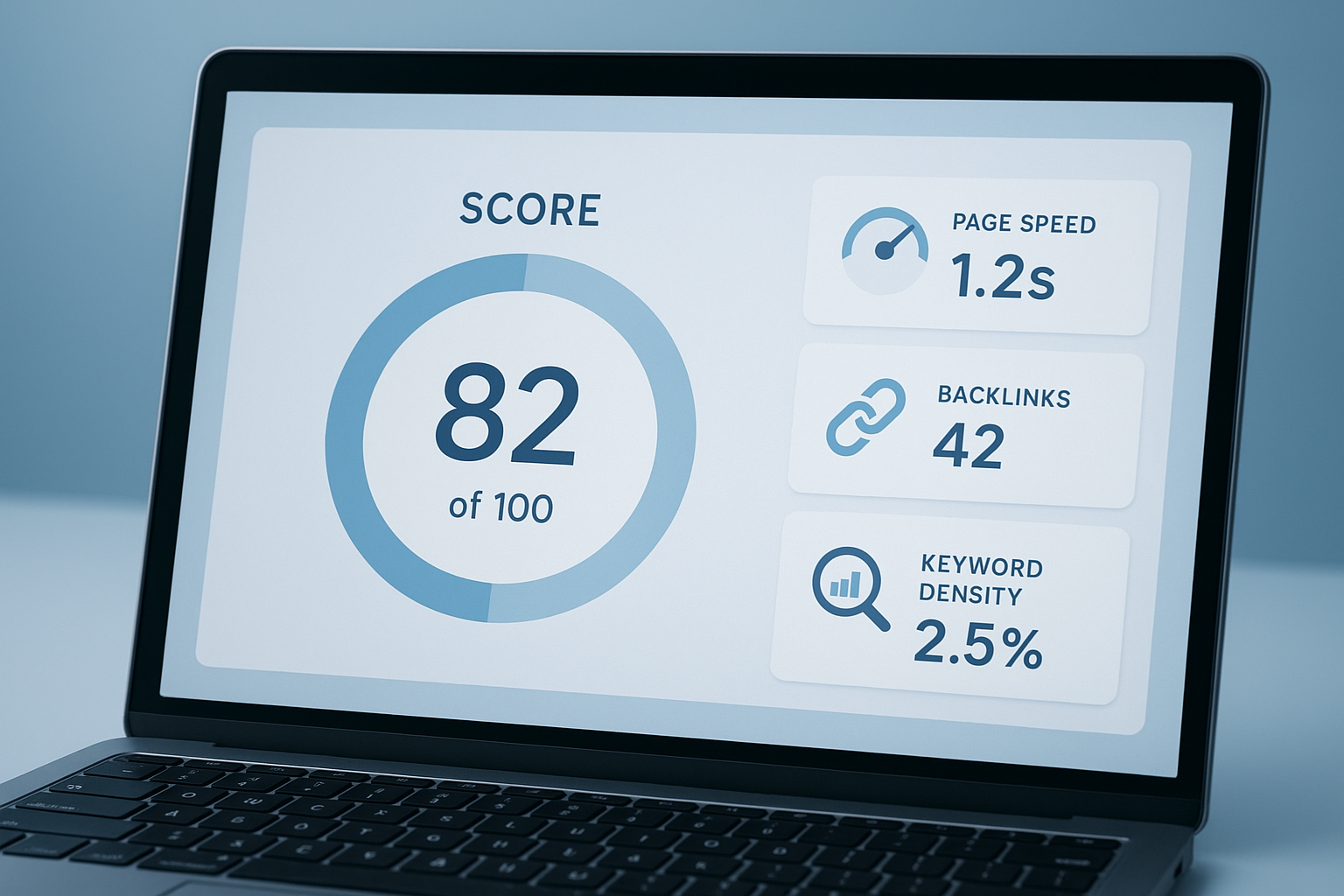 SEO optimization score dashboard showing an 82 out of 100 gauge with supporting metrics