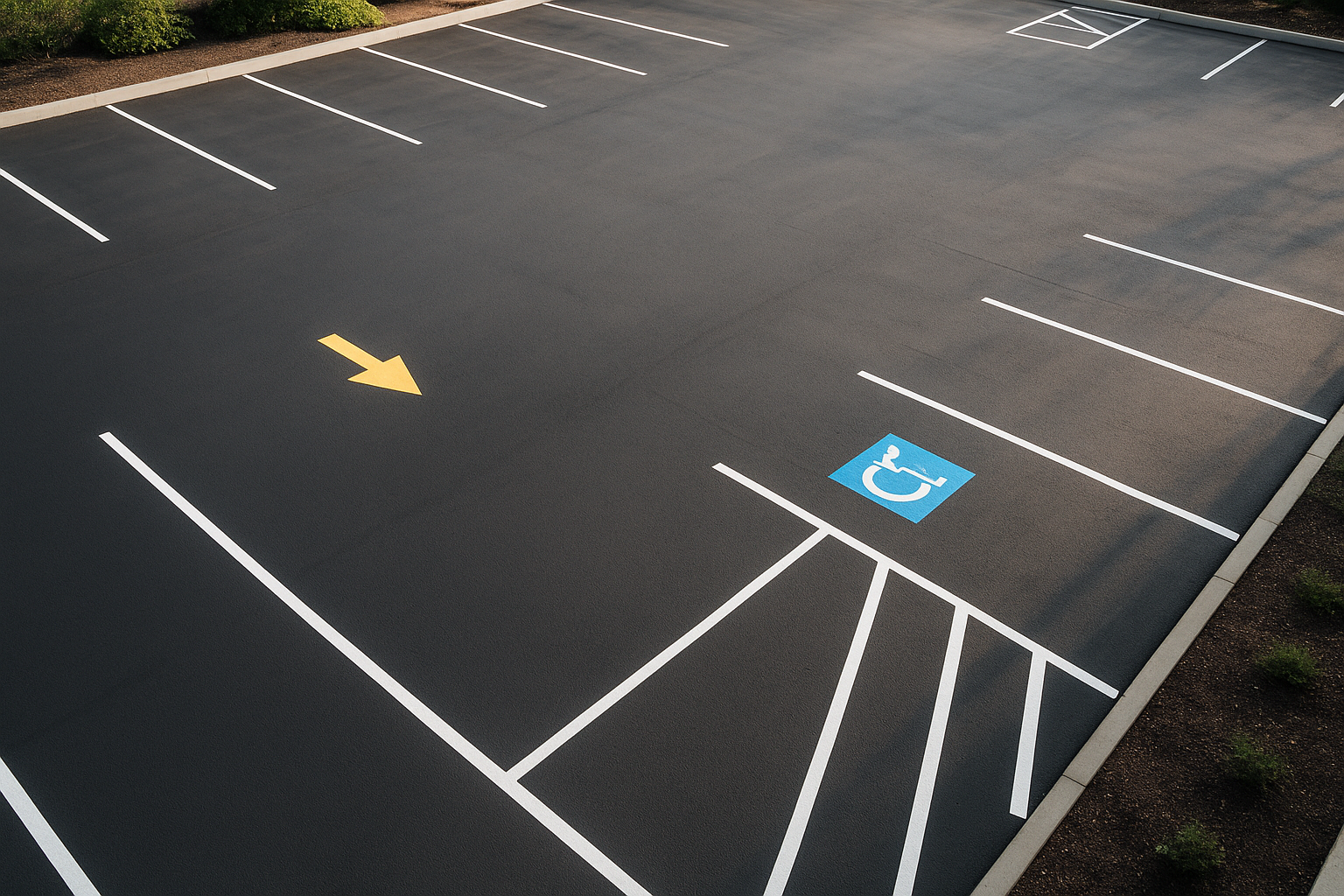 Freshly striped commercial parking lot showing parking lot maintenance denton tx work with ADA markings
