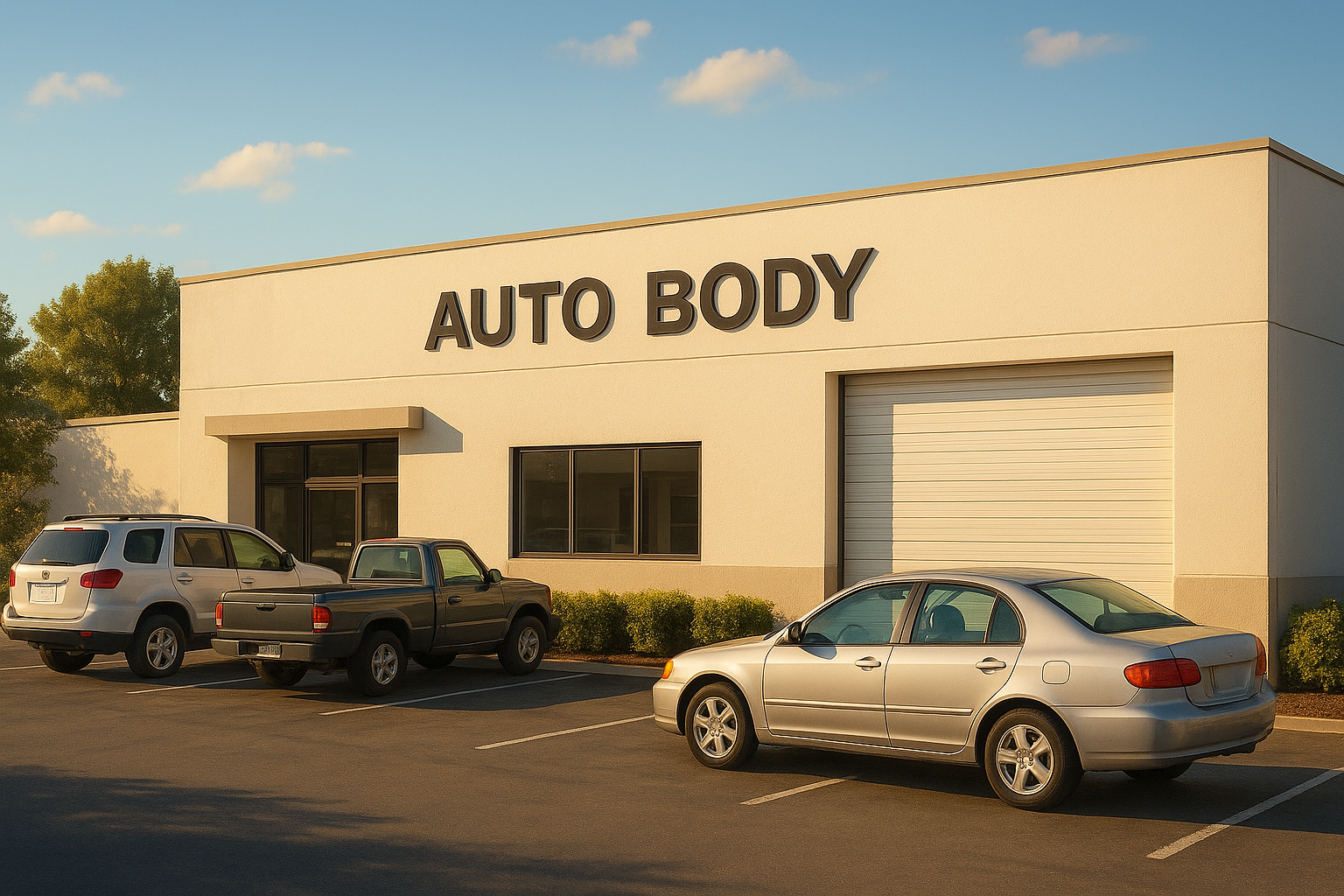Exterior of the best family-owned auto body shop on a sunny day with a clean professional facade