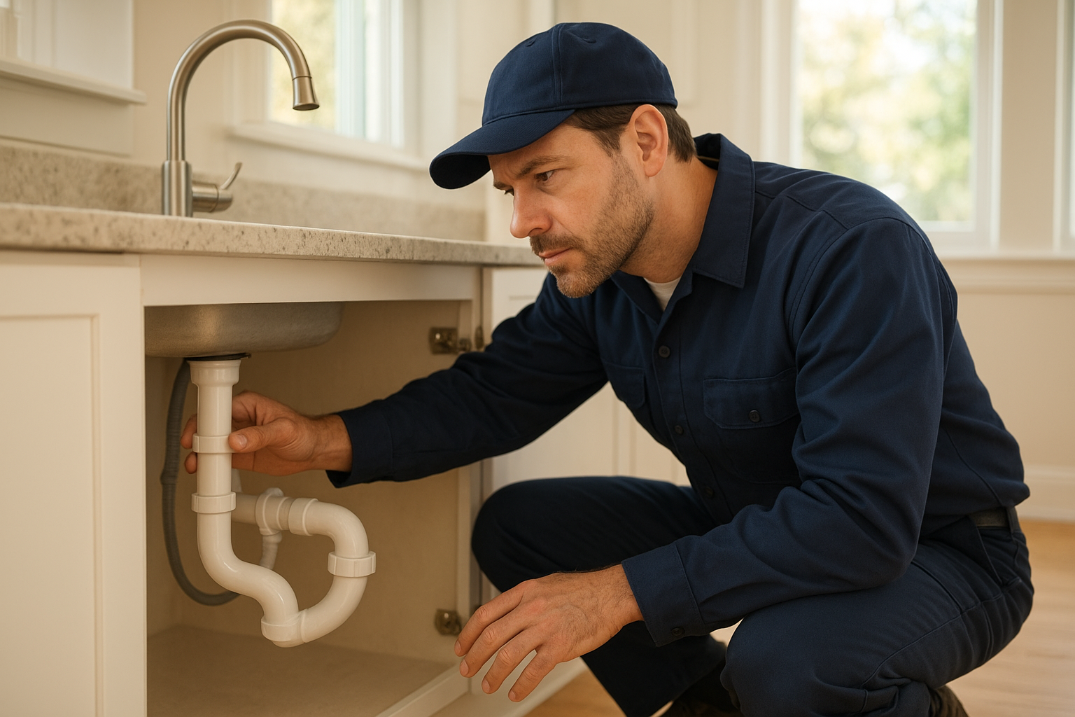 88d95456_licensed-plumbing-contractor-terrell Licensed plumbing contractor Terrell technician inspecting pipes under a kitchen sink