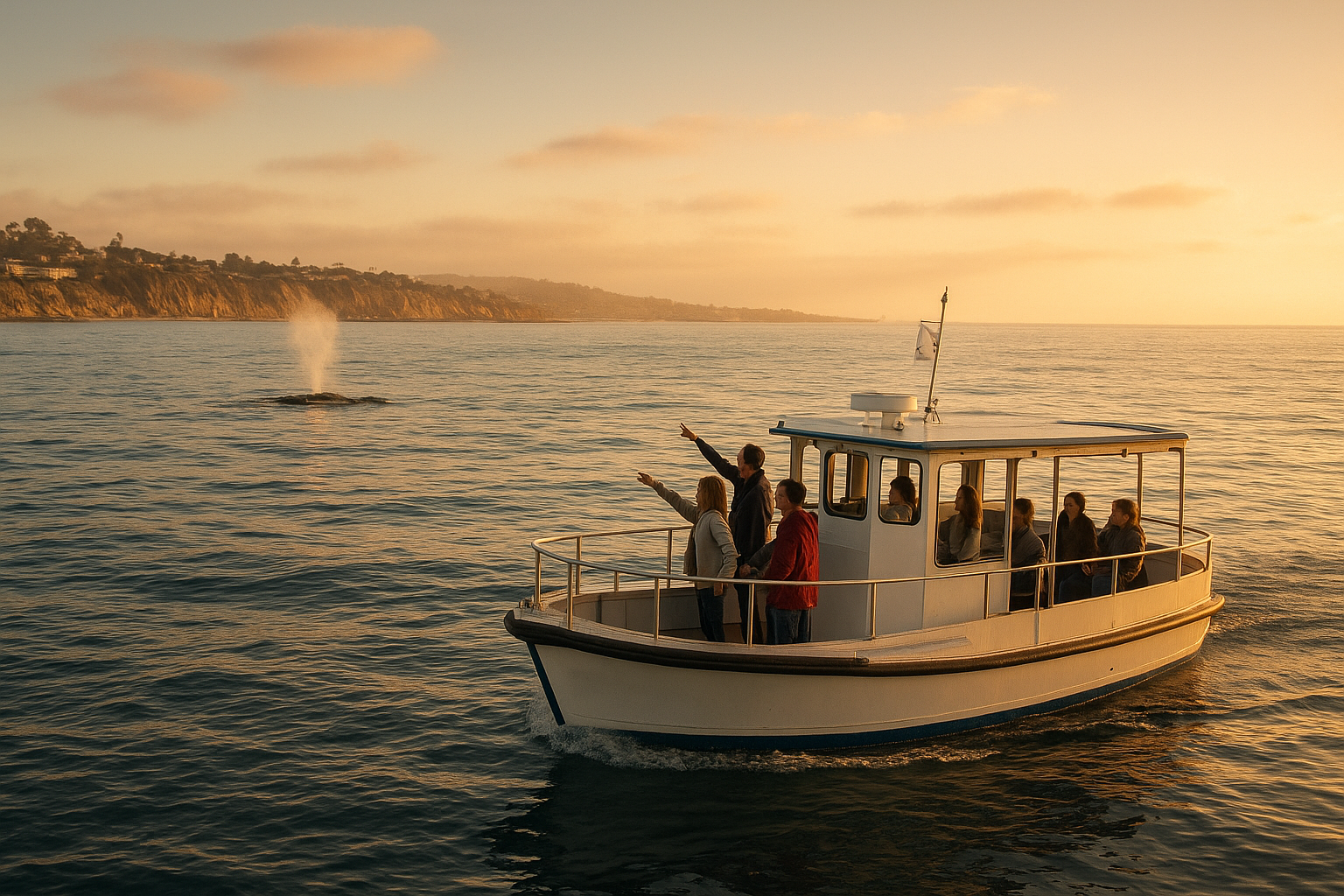 Small group boat on ocean adventure boat tours san diego watching a whale spout at sunset