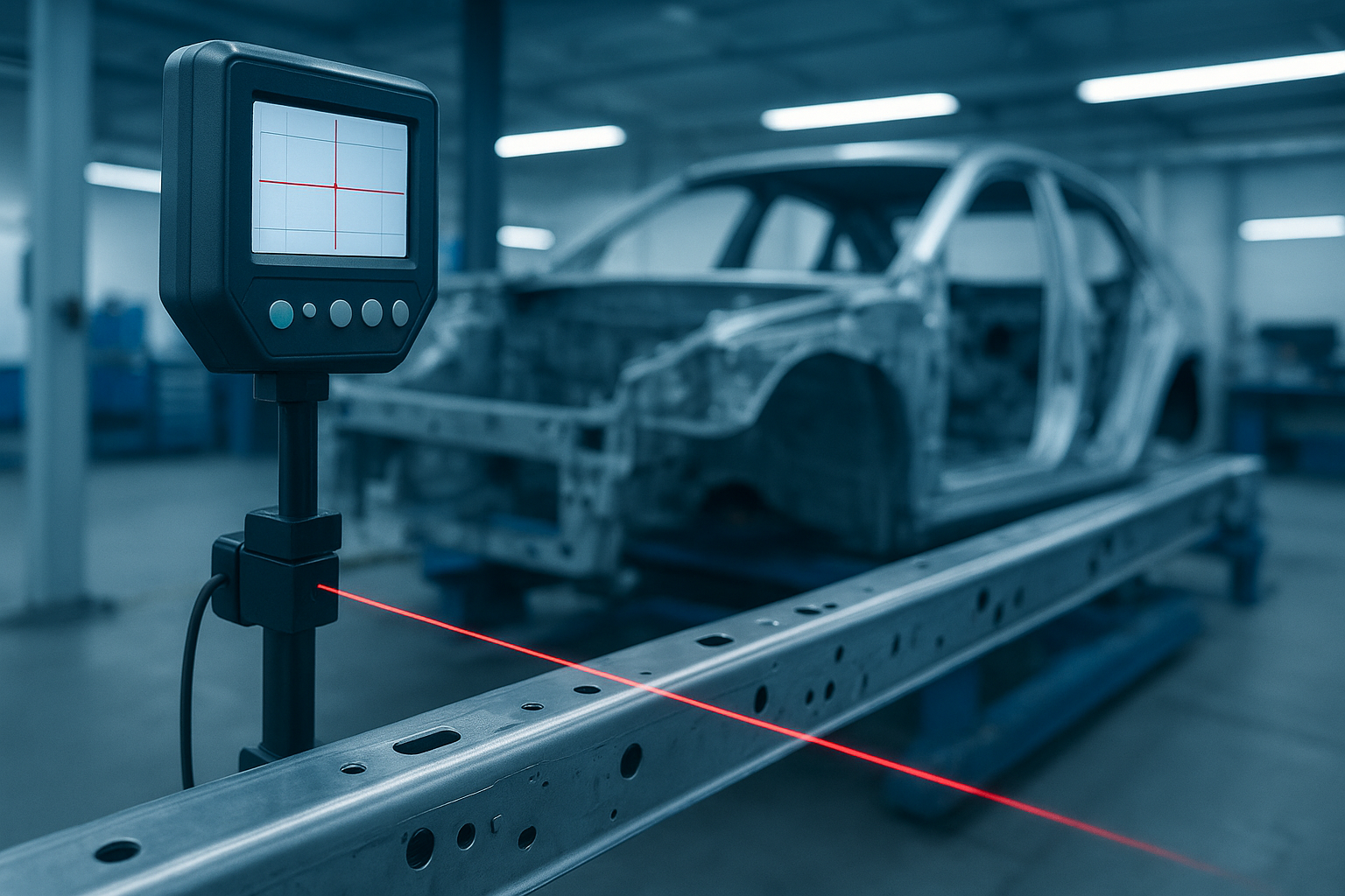 Computerized laser alignment system measuring a vehicle frame during collision repair