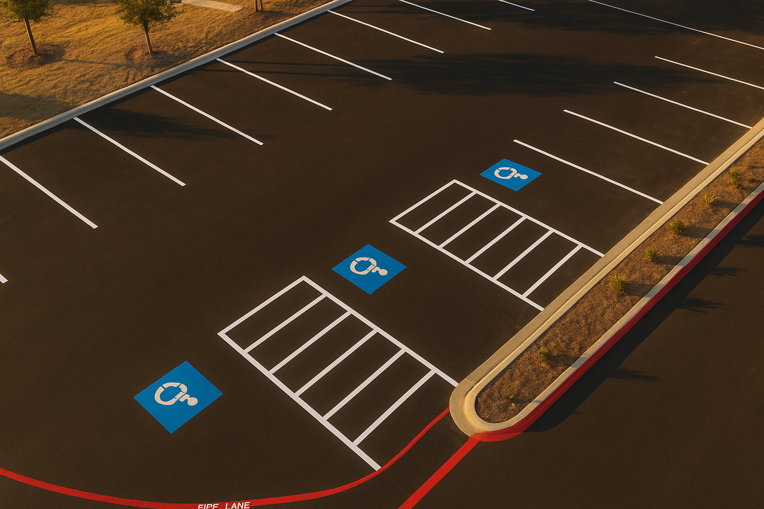 Aerial view of professional parking lot striping with ADA markings, fire lane designations, and stall lines