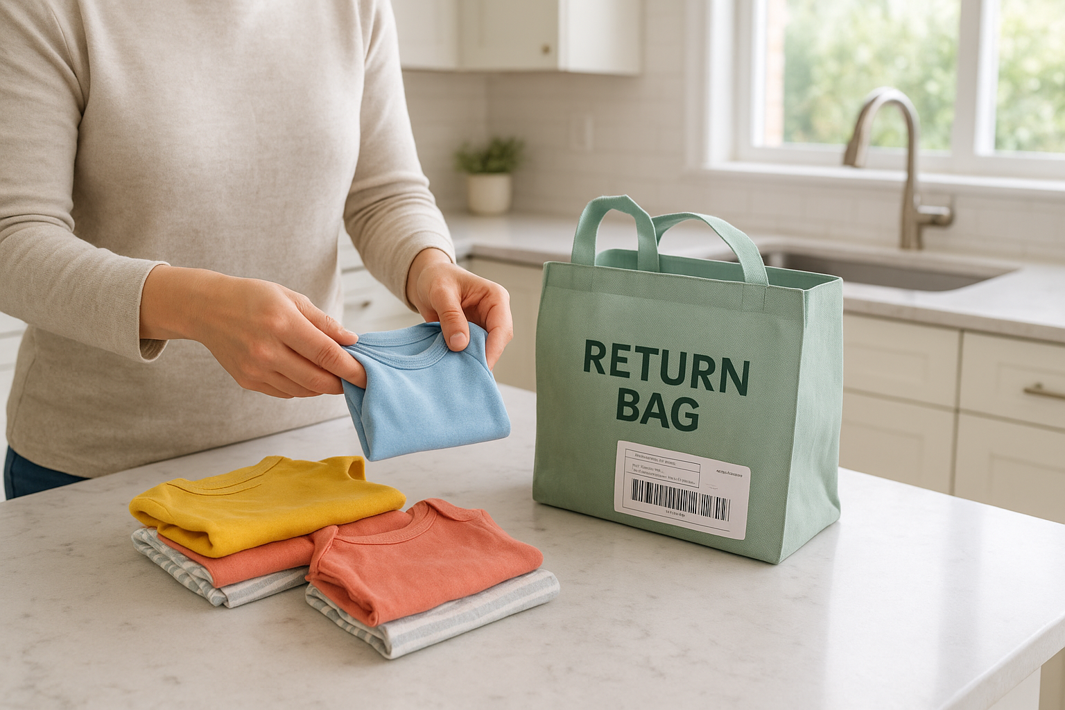 Parent preparing a return bundle for a rotating kids clothing subscription service