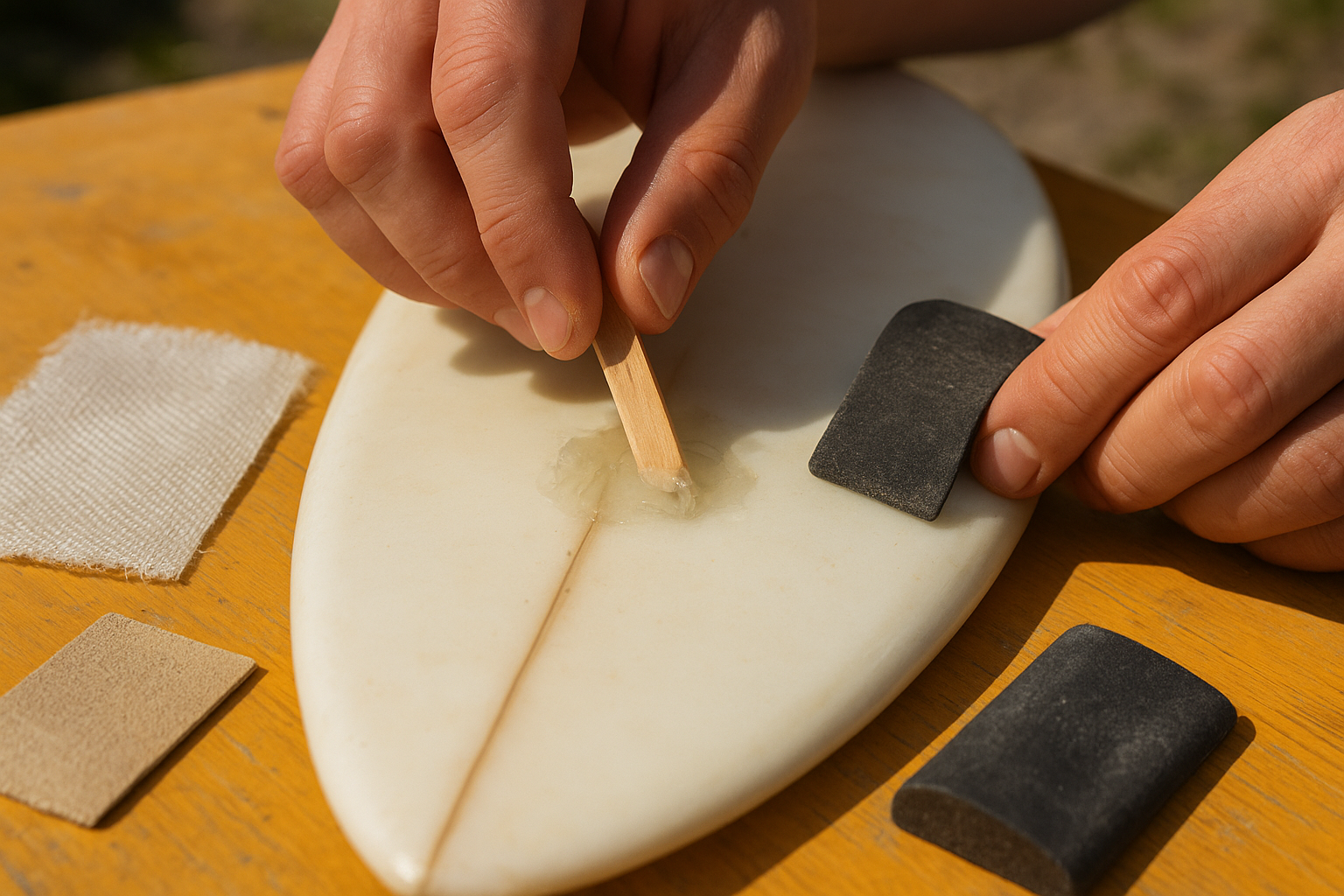 Close-up of resin being applied during a surfboard ding repair demonstration