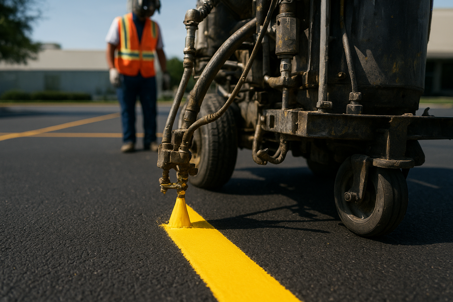 Professional striping machine applying yellow paint lines to asphalt during a commercial parking lot striping project