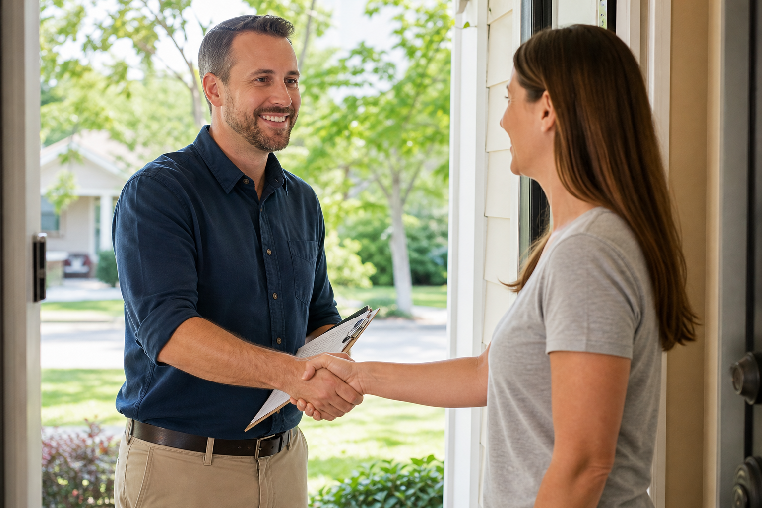 Home service technician greeting a homeowner after a completed job