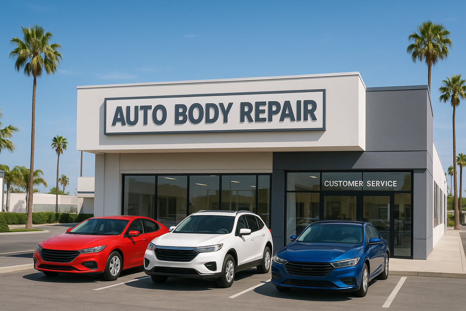 Exterior of a professional auto body shop in Brea California on a sunny day with repaired vehicles parked outside