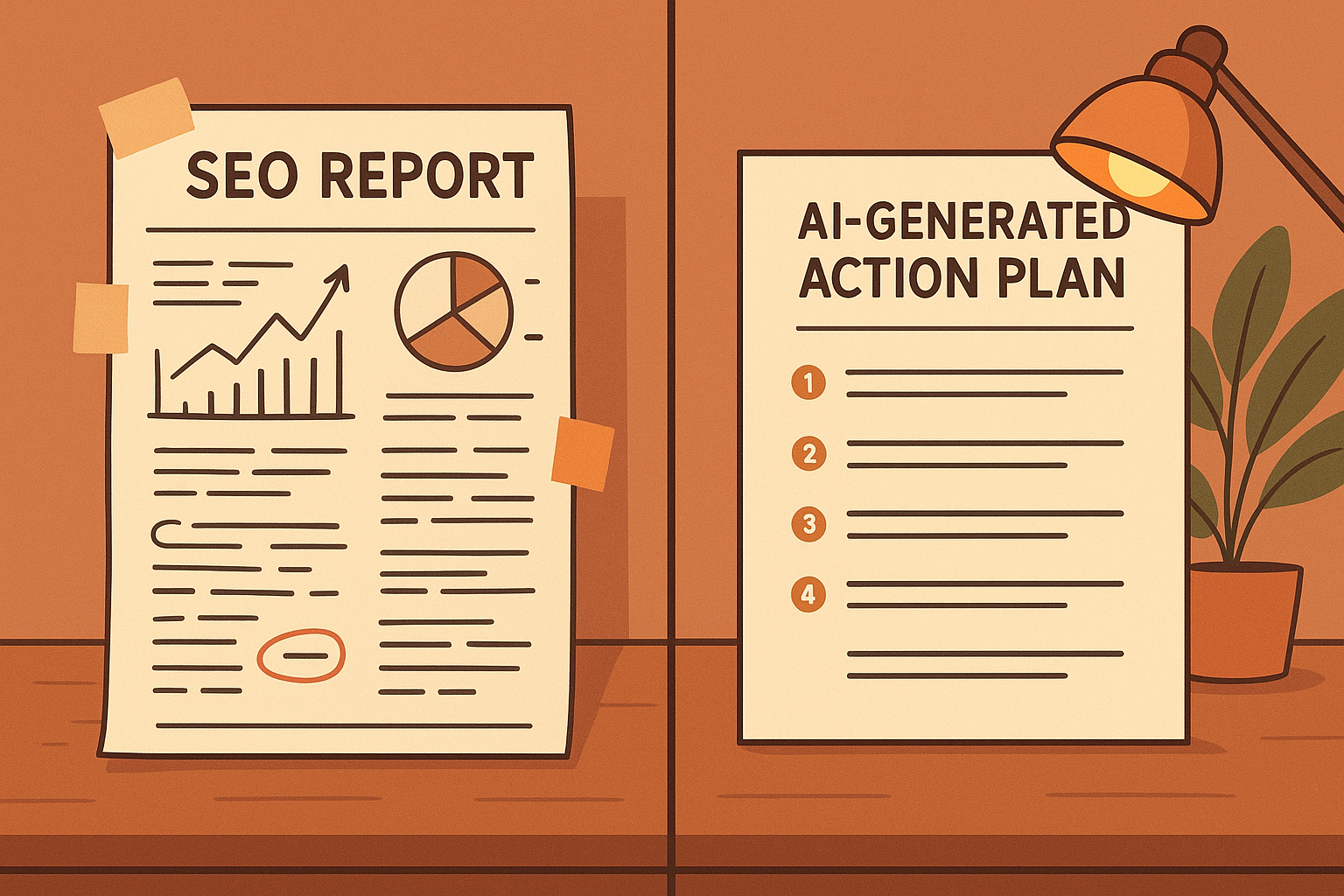 Comparison of disorganized manual SEO report versus clean AI-prioritized action plan
