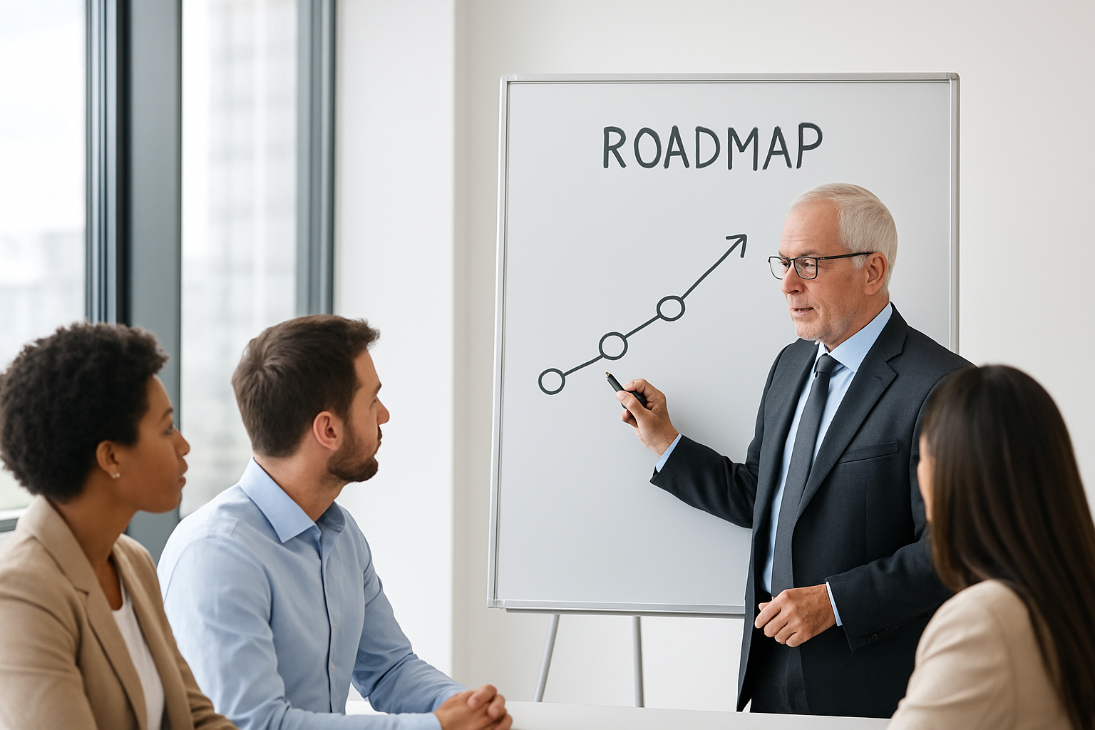 A senior manager presenting a leadership development roadmap to a small team in a modern office