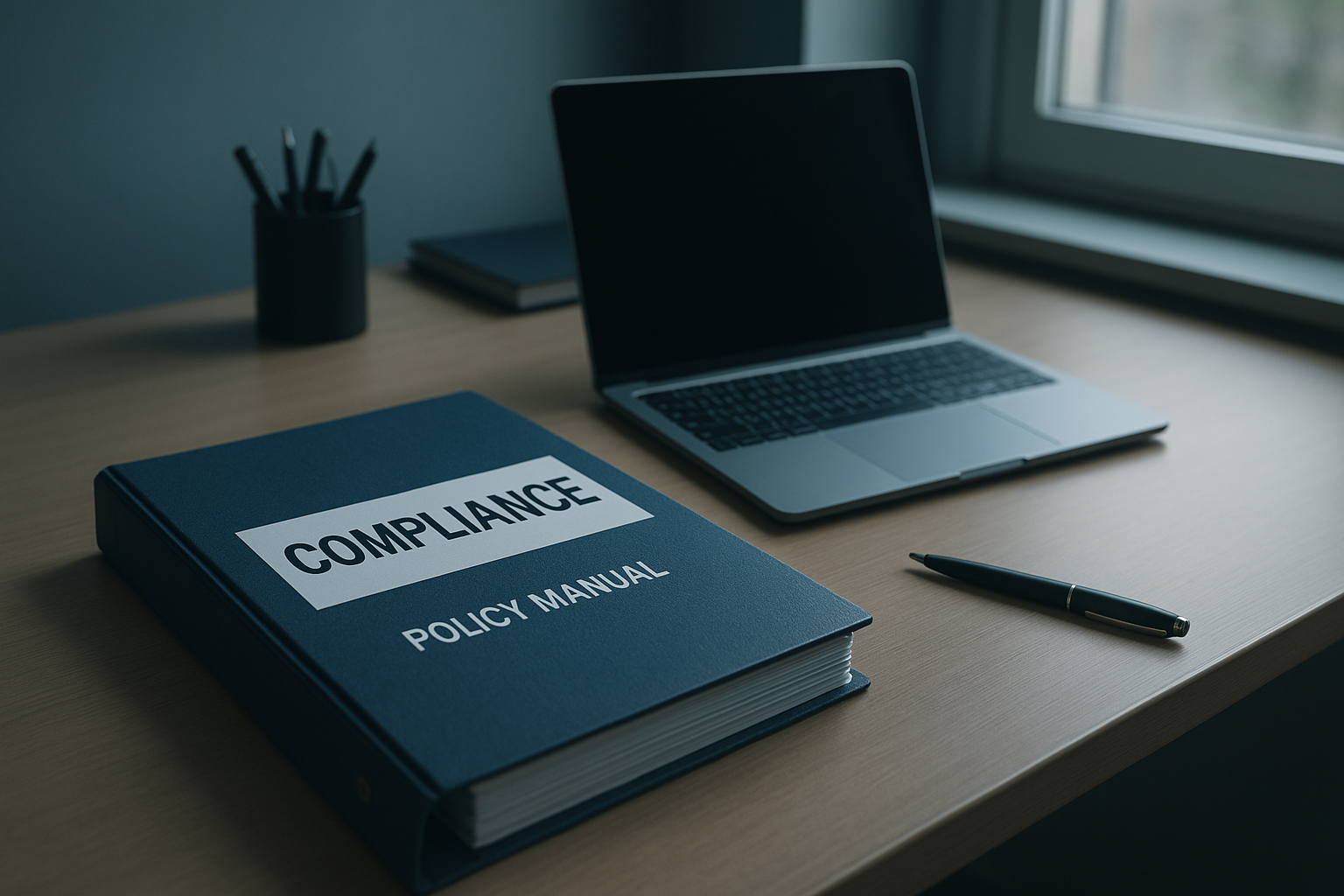 Binder of 245D policies and procedures on a provider office desk
