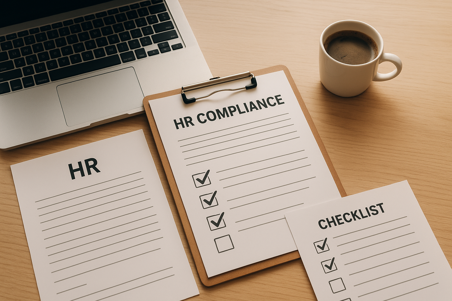 Checklist outlining legally required benefits for employees on an HR desk