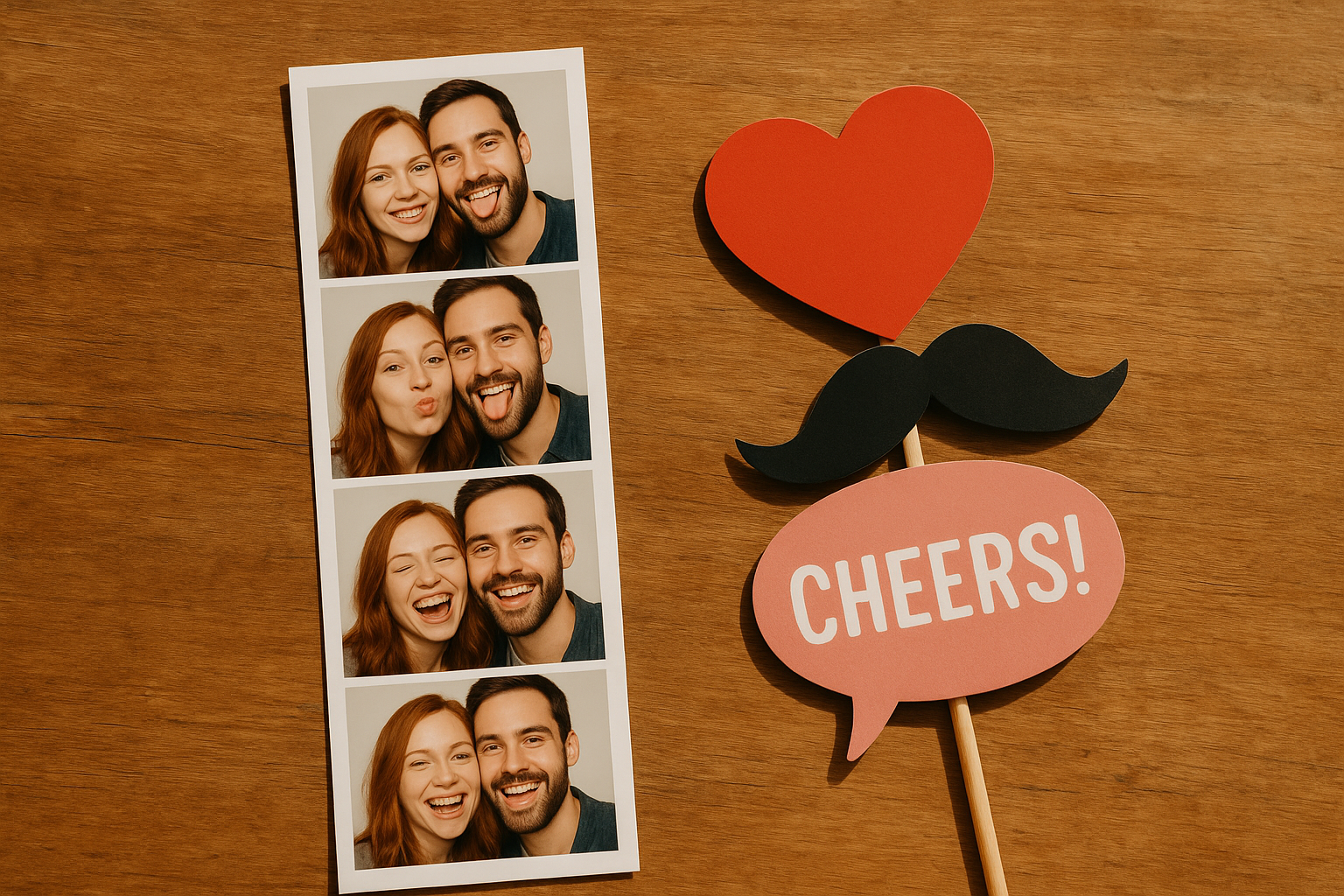 Printed photo strip from a Prints package rental laid on a table with event props