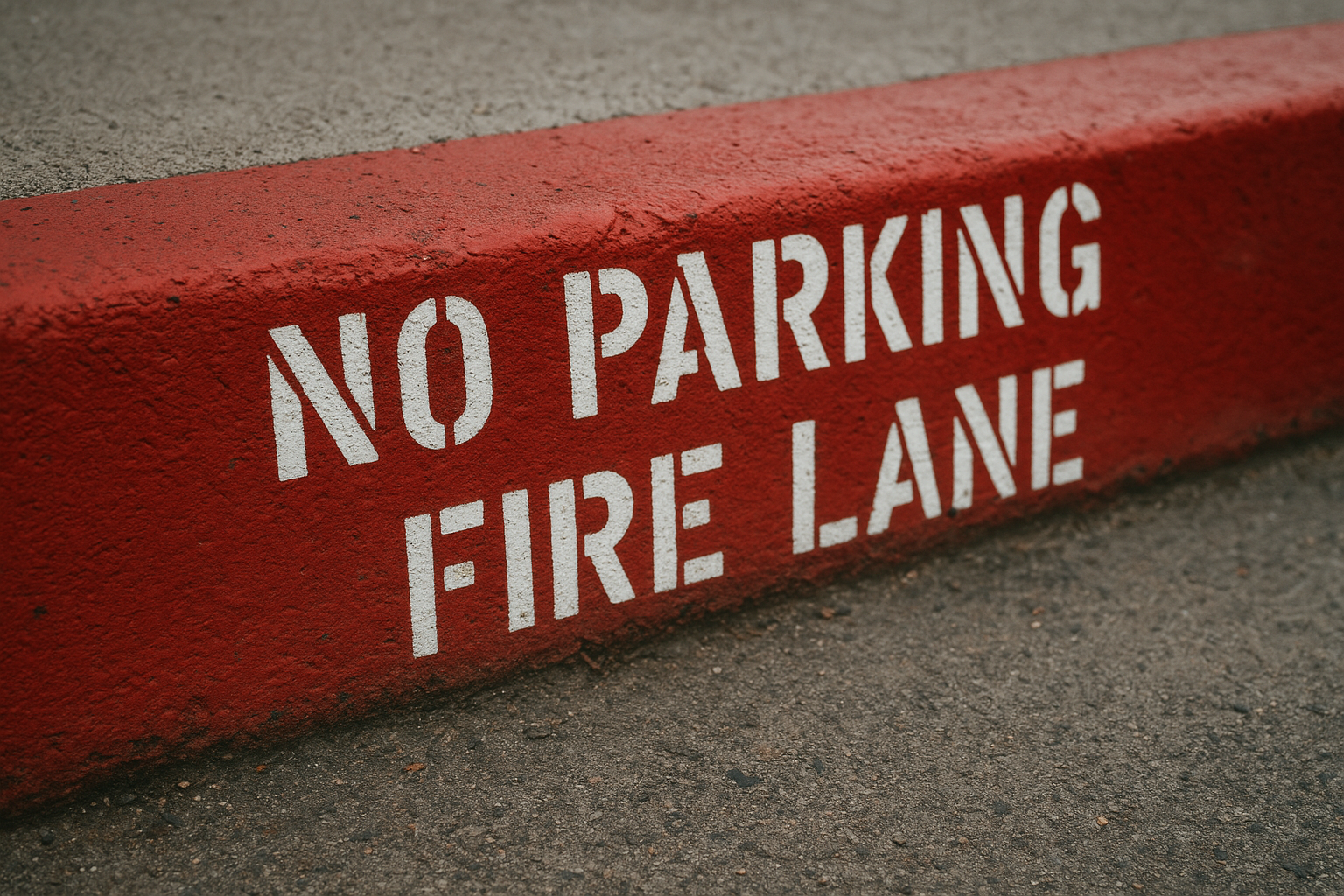 Red painted fire lane curb with stenciled no parking text on commercial property