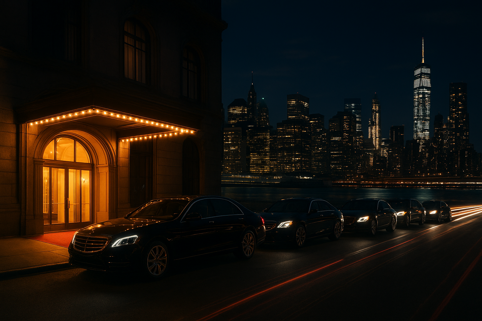 Luxury vehicles lined up outside a Charlotte gala venue at night
