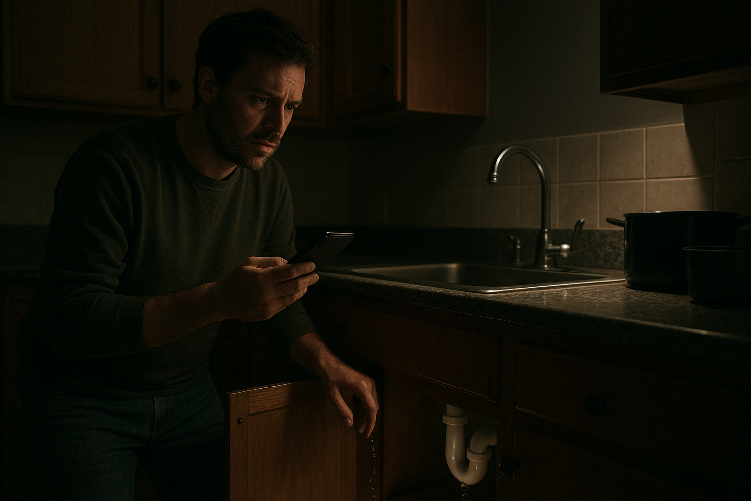 Homeowner calling a contractor at night during a plumbing emergency
