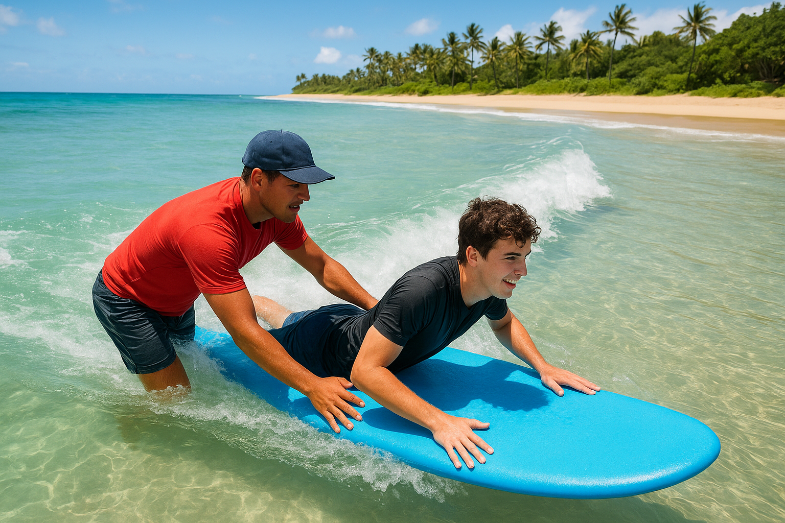 Instructor pushing a student into a wave during a beginner surf lesson session