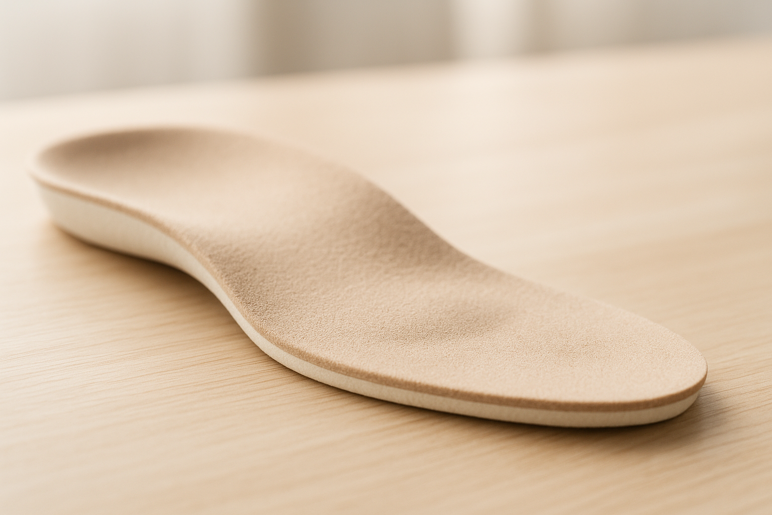 Contoured orthopedic arch support insole shown up close on a wooden surface