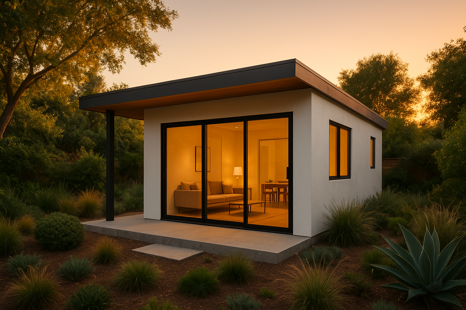 Modern detached ADU design with large glass doors and California landscaping at golden hour