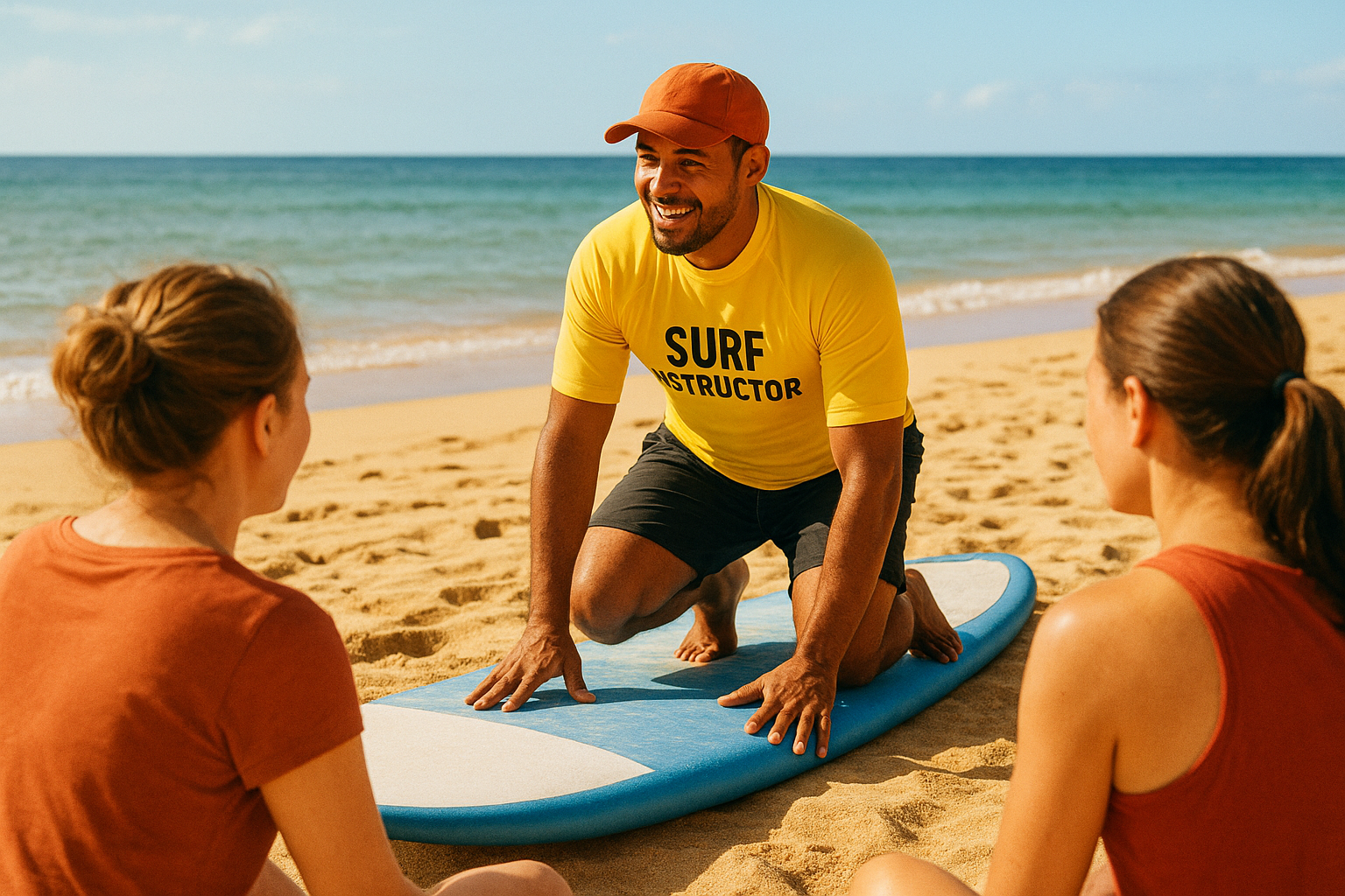 Surf instructor demonstrating pop-up technique during a Waikiki surf school beach orientation