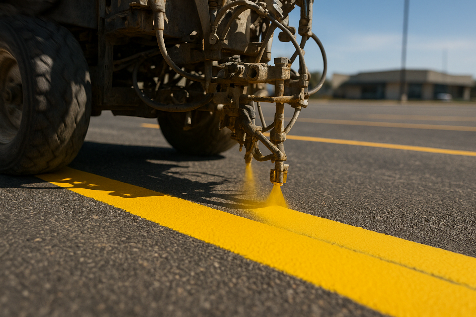 Parking lot striping machine applying fresh yellow line markings on commercial asphalt surface in Texas