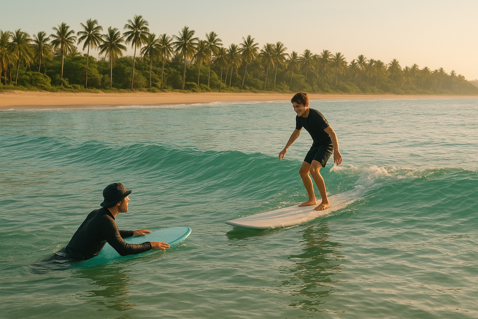 Surf coaching for beginners in Waikiki with instructor guiding a new surfer on a longboard