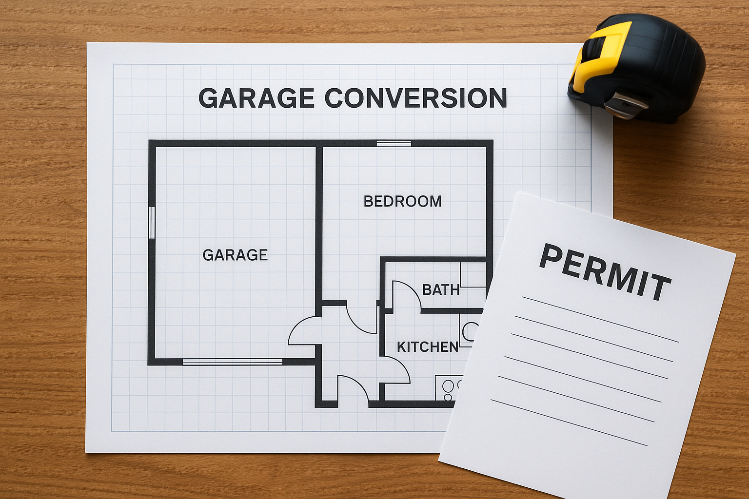 Architectural floor plan and permit documents for a garage ADU conversion project