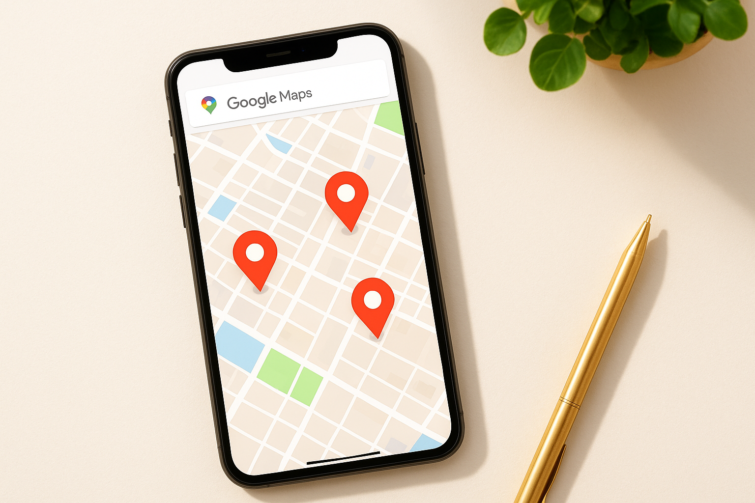 Smartphone showing local SEO Google Map Pack results with three business pins on a city map