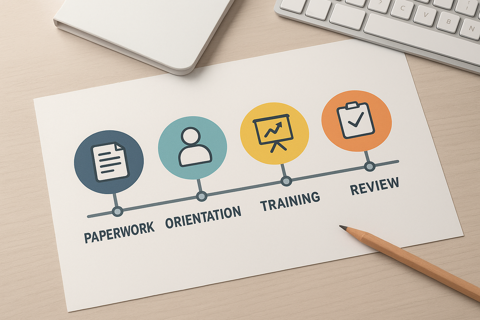 Visual timeline showing four stages of new hire onboarding from pre-boarding to performance review