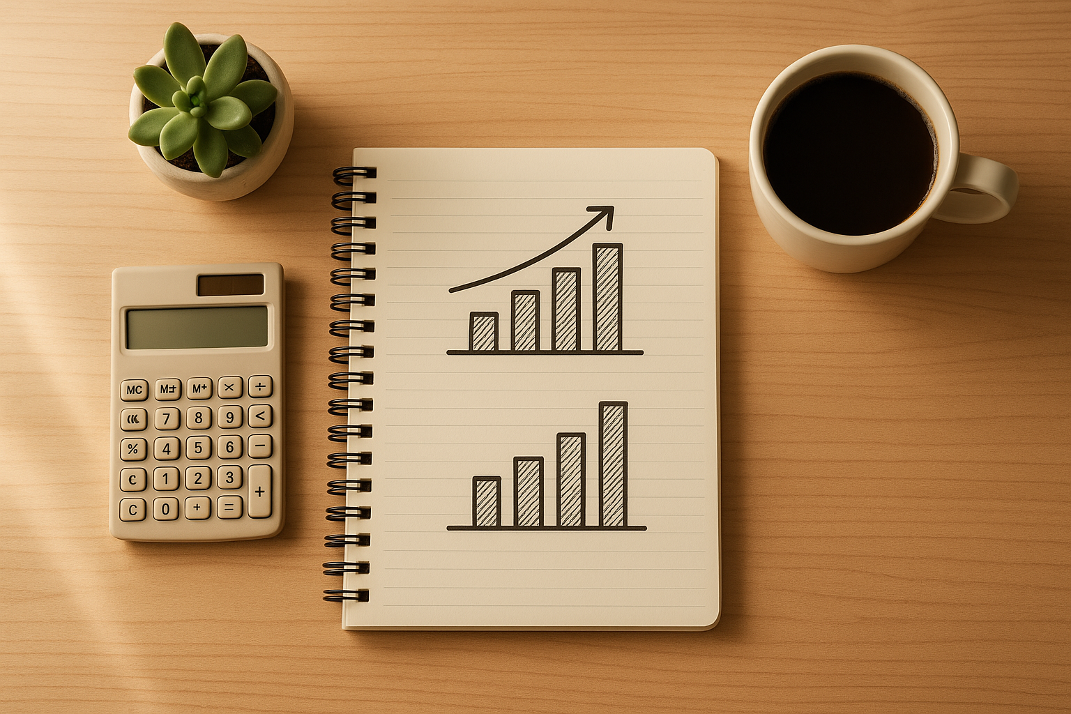 Desk setup illustrating how much does SEO cost with charts and a calculator