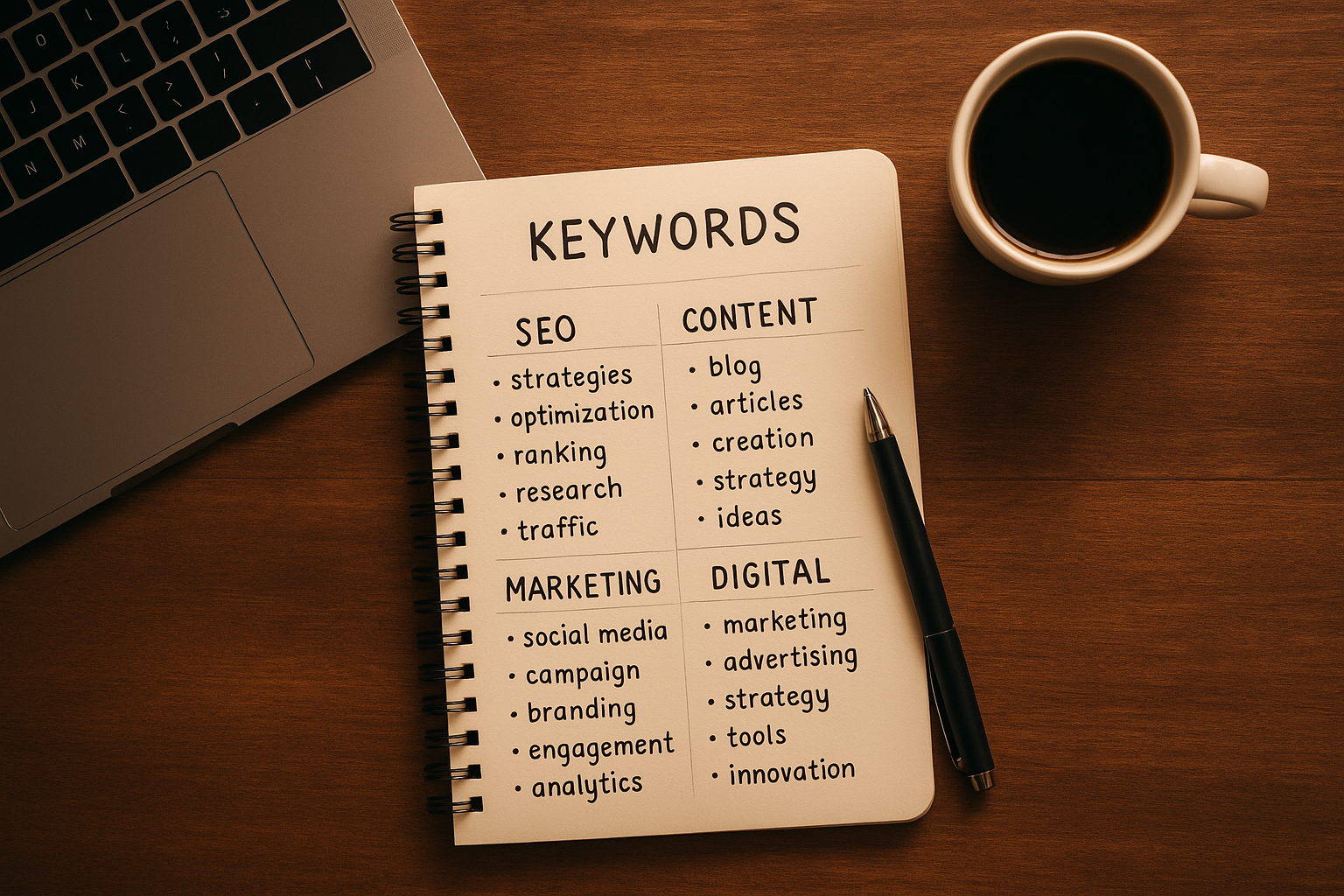 organized keyword list in a notebook representing a systematic SEO keyword planning session