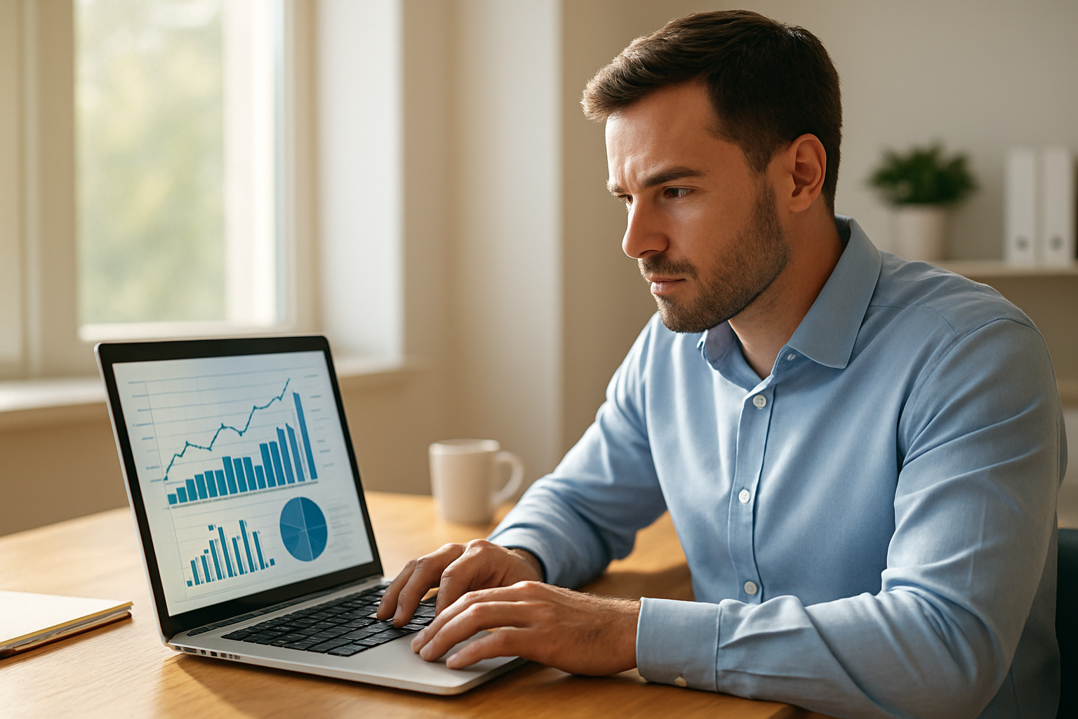 Digital marketer reviewing AI search visibility reports on a laptop in a bright office