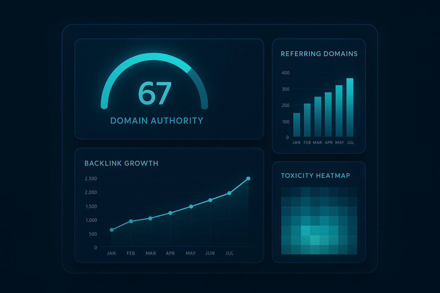 SEO AI domain authority checker dashboard displaying a score of 67 with backlink growth charts