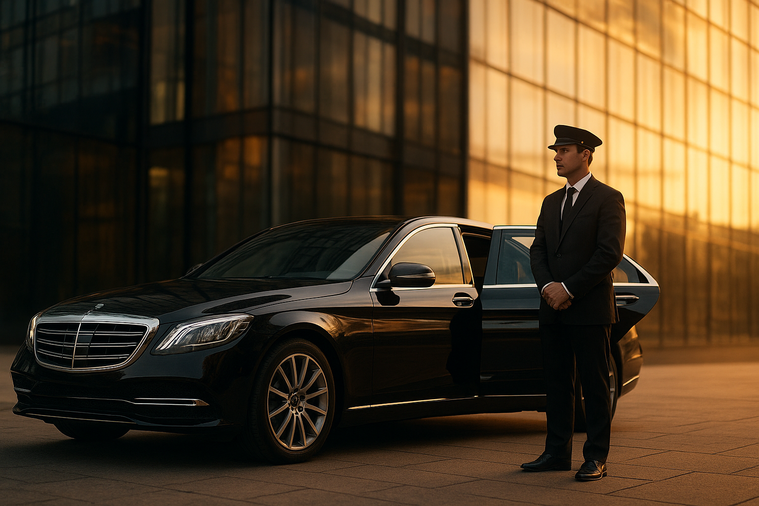 Chauffeur beside a black luxury sedan representing 5 star limousine & transportation services