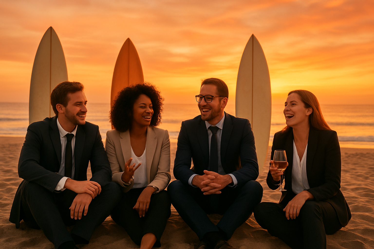 Company employees relaxing on the beach after a group surf lesson at sunset