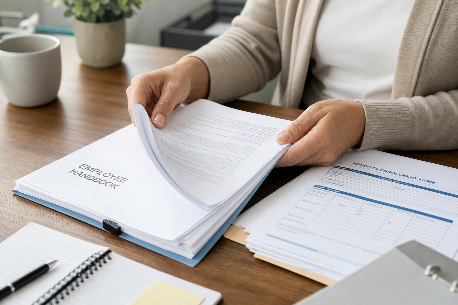 Employee handbook and benefits enrollment documents organized on an office desk