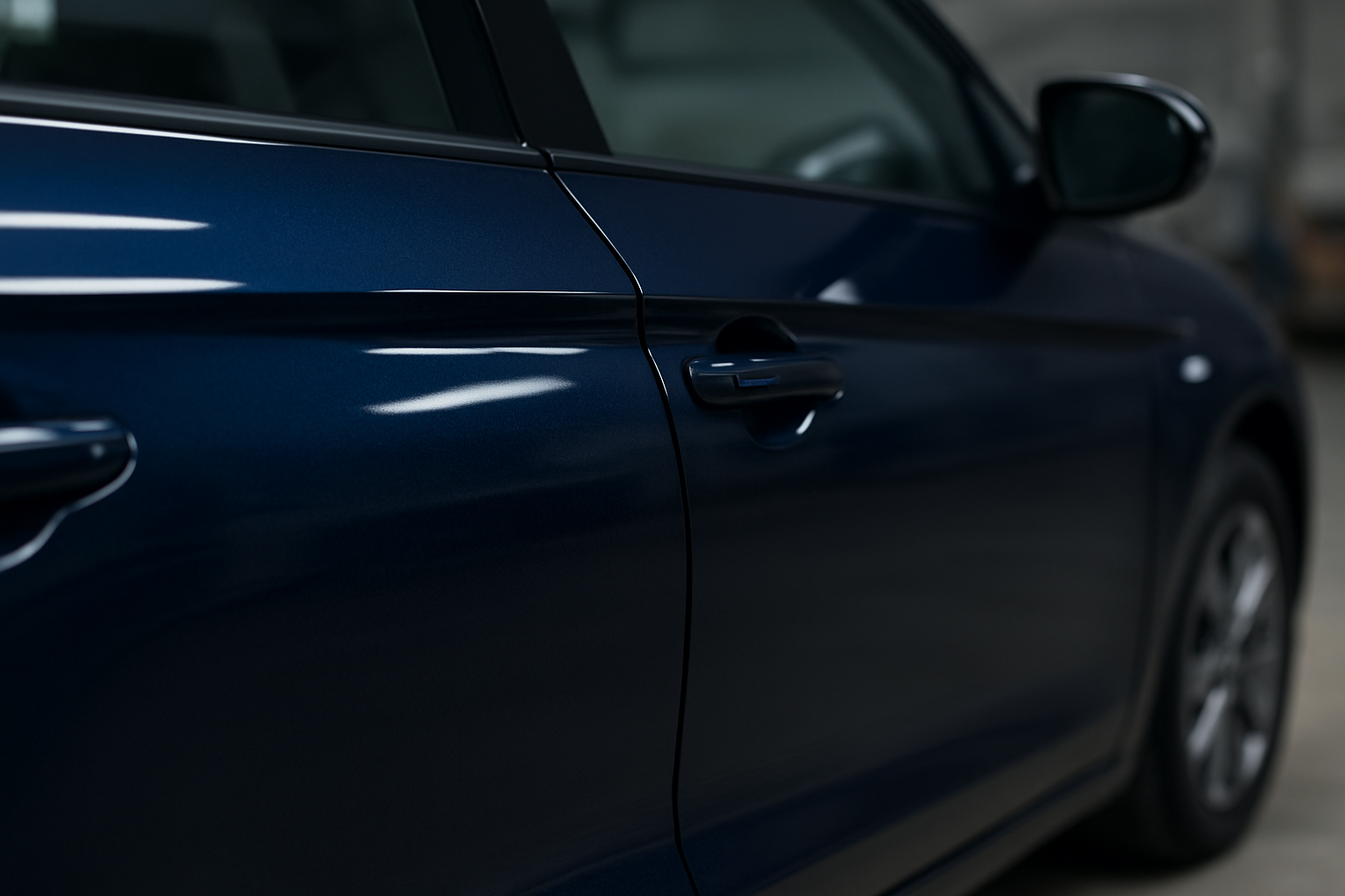 Freshly painted car door panel with a flawless metallic blue finish inside an auto body paint booth