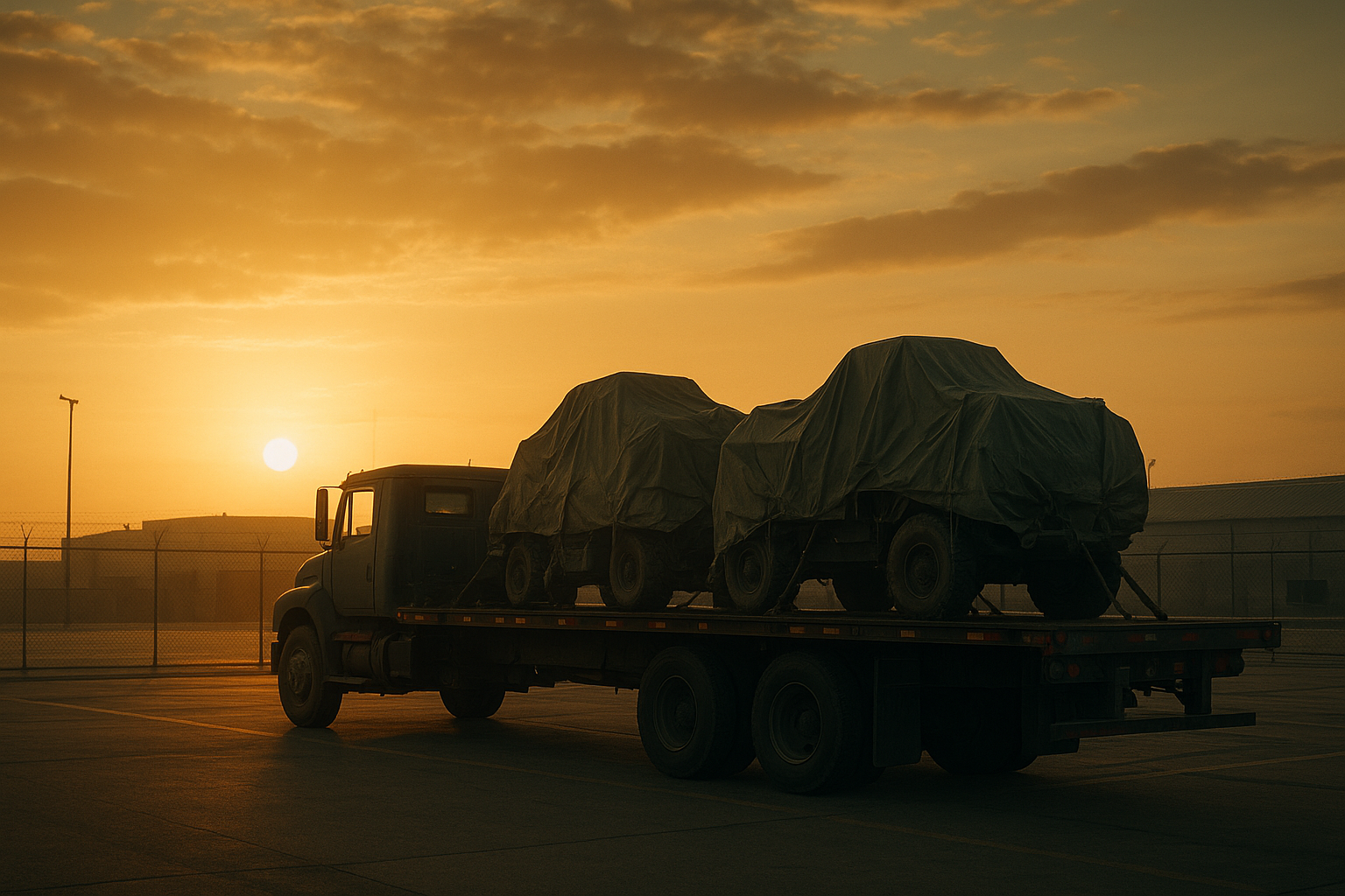 Flatbed truck hauling department of defense shipping cargo at a secure logistics yard