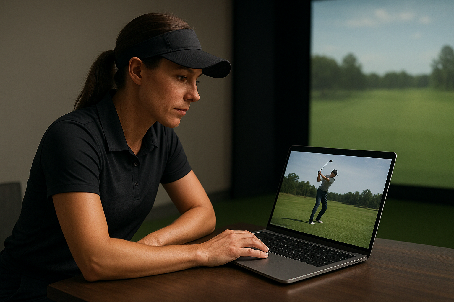 LPGA master golf instructor analyzing a golfer's swing biomechanics on a laptop screen