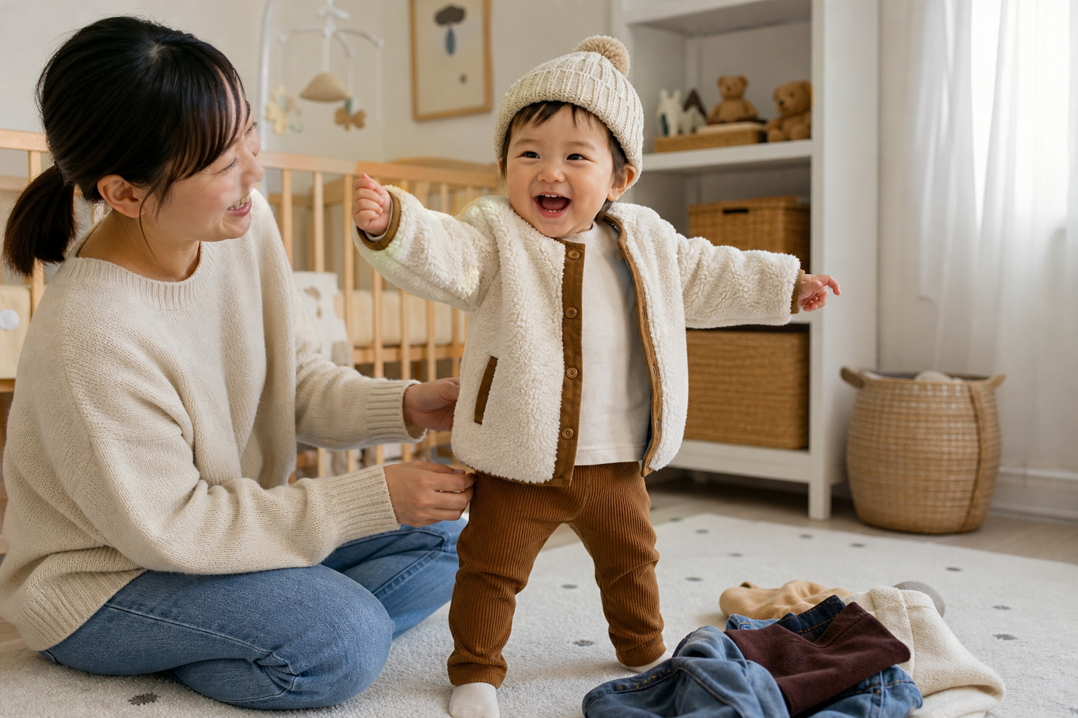 Toddler trying on a new outfit from a children's seasonal clothing rental plan box