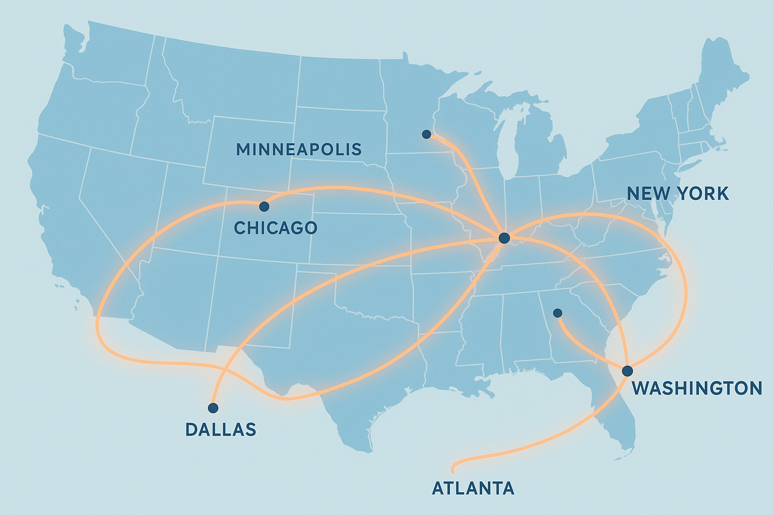 Map illustration showing regional LTL freight lanes across the Midwest and Northeast United States