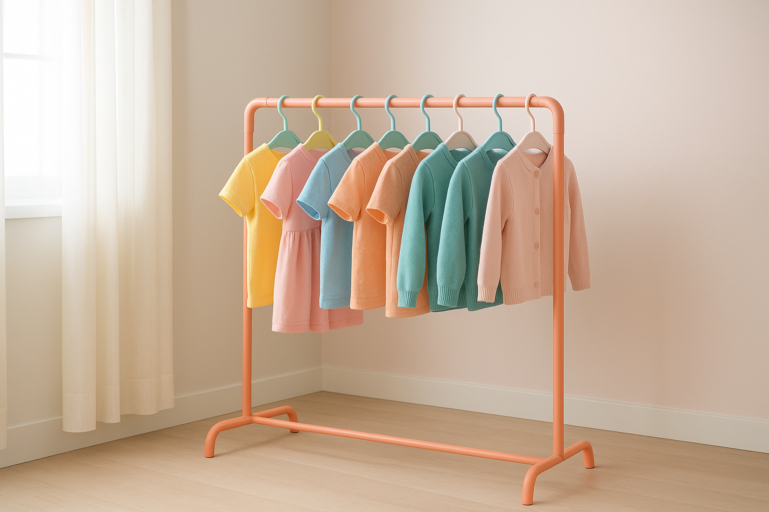 Colorful children's clothing rack representing a sustainable kids clothing subscription