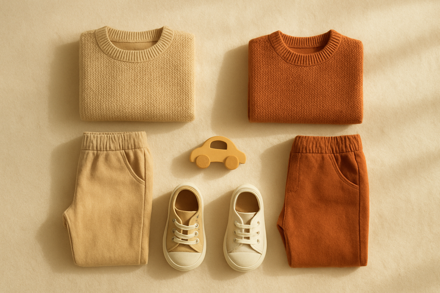 Curated outfits for kids arranged neatly as a flat lay with coordinated tops and pants